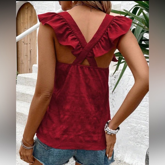 Boho Criss Cross Back Ruffle Cap Blouse - Picture 2 of 5